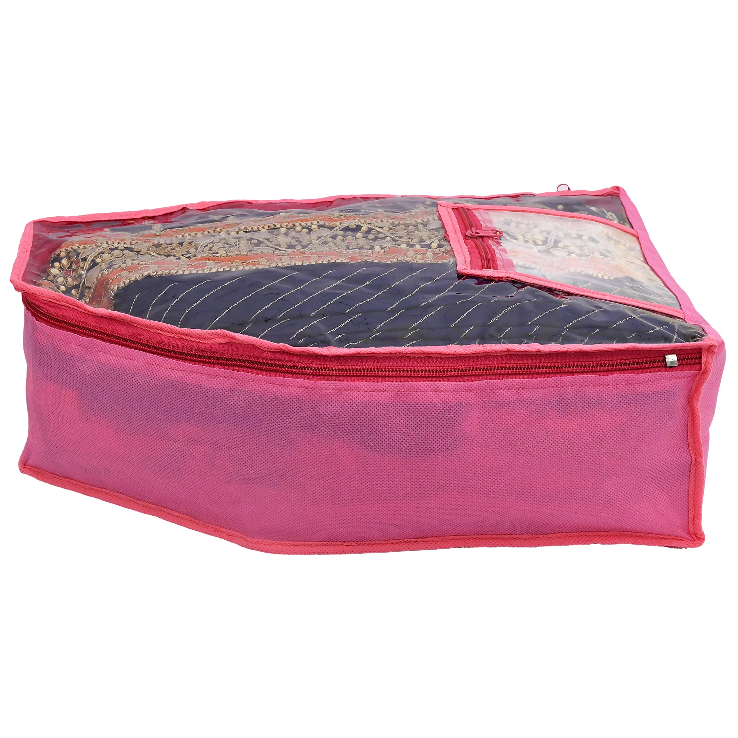 Kuber Industries Non Woven 2 Pieces Saree Cover/Cloth Wardrobe Organizer and 2 Pieces Blouse Cover Combo Set (Pink & Brown)