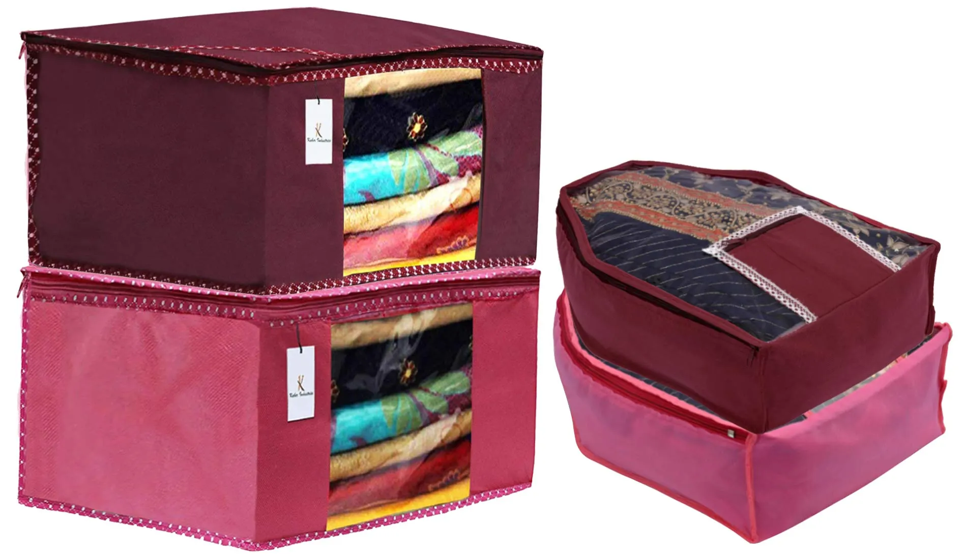 Kuber Industries Non Woven 2 Pieces Saree Cover/Cloth Wardrobe Organizer and 2 Pieces Blouse Cover Combo Set (Pink & Maroon)- CTKTC045363