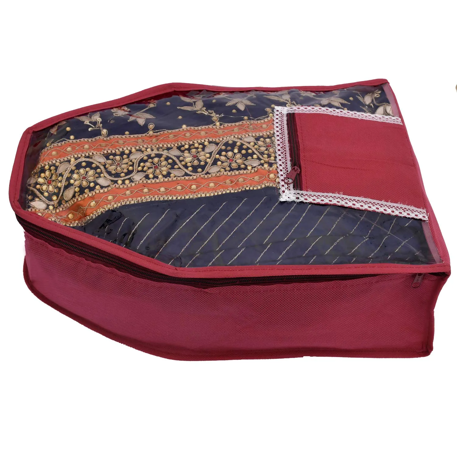 Kuber Industries Non Woven 2 Pieces Saree Cover/Cloth Wardrobe Organizer and 2 Pieces Blouse Cover Combo Set (Pink & Maroon)- CTKTC045363