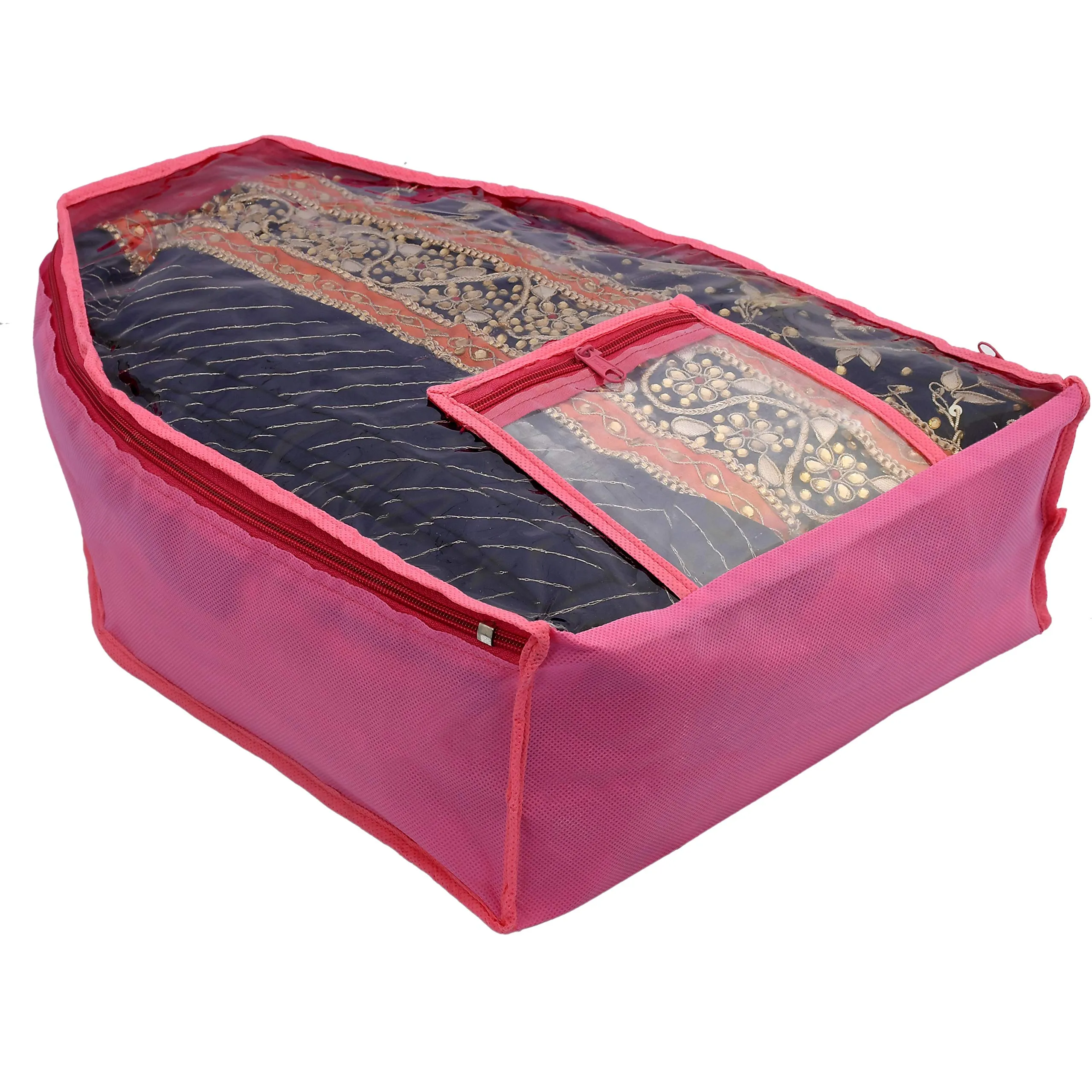 Kuber Industries Non Woven 2 Pieces Saree Cover/Cloth Wardrobe Organizer and 2 Pieces Blouse Cover Combo Set (Pink)