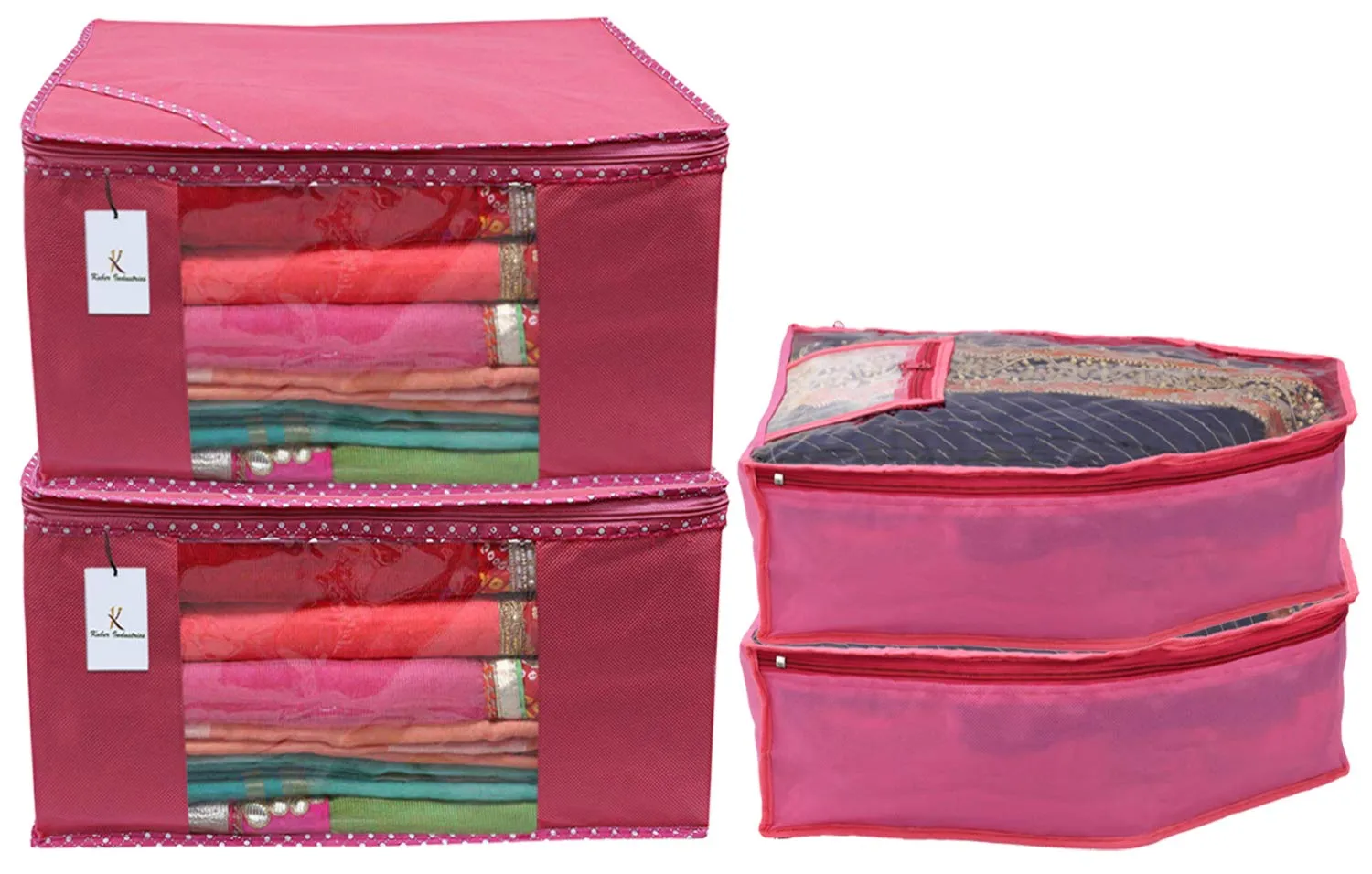 Kuber Industries Non Woven 2 Pieces Saree Cover/Cloth Wardrobe Organizer and 2 Pieces Blouse Cover Combo Set (Pink)