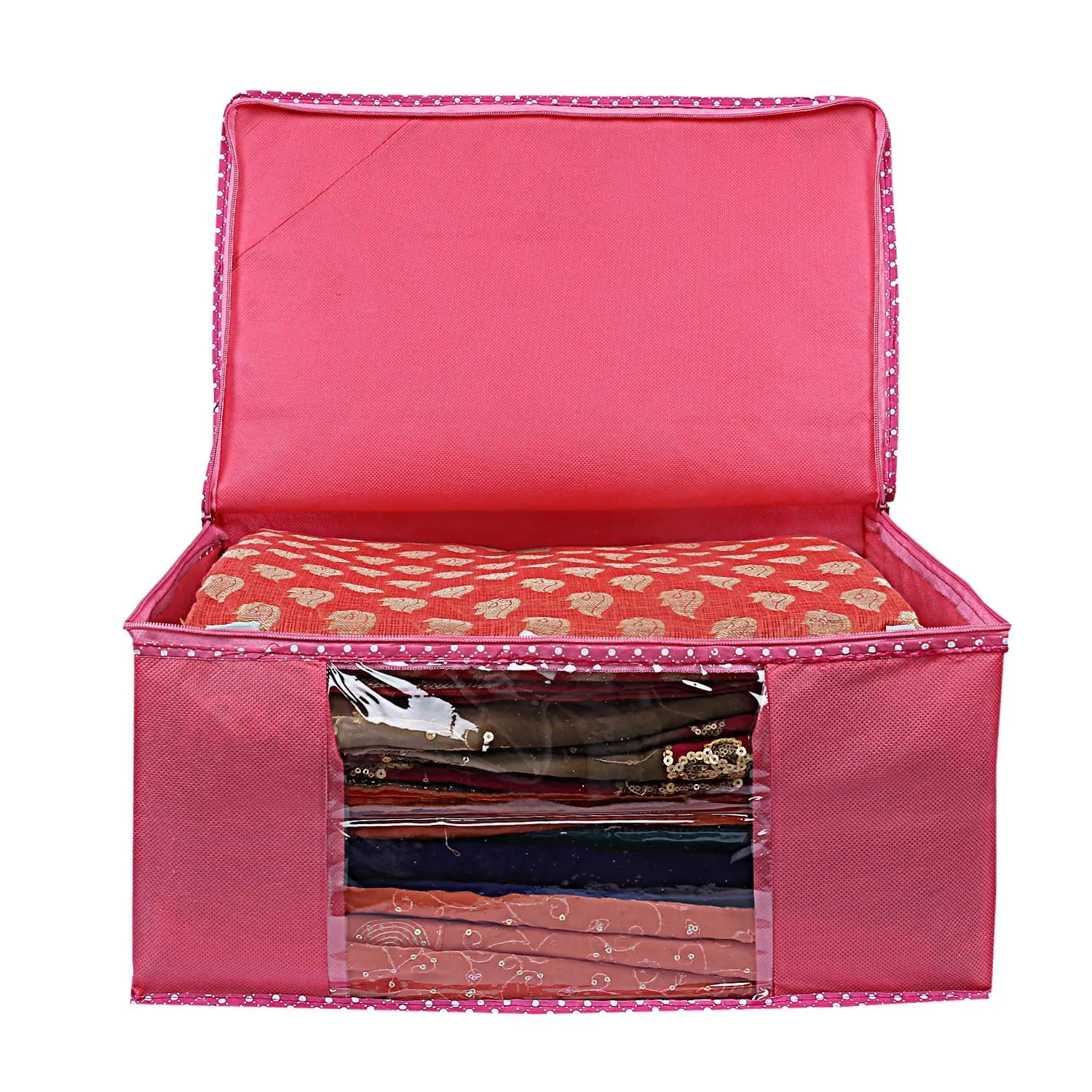 Kuber Industries Non Woven 2 Pieces Saree Cover/Cloth Wardrobe Organizer and 2 Pieces Blouse Cover Combo Set (Pink)