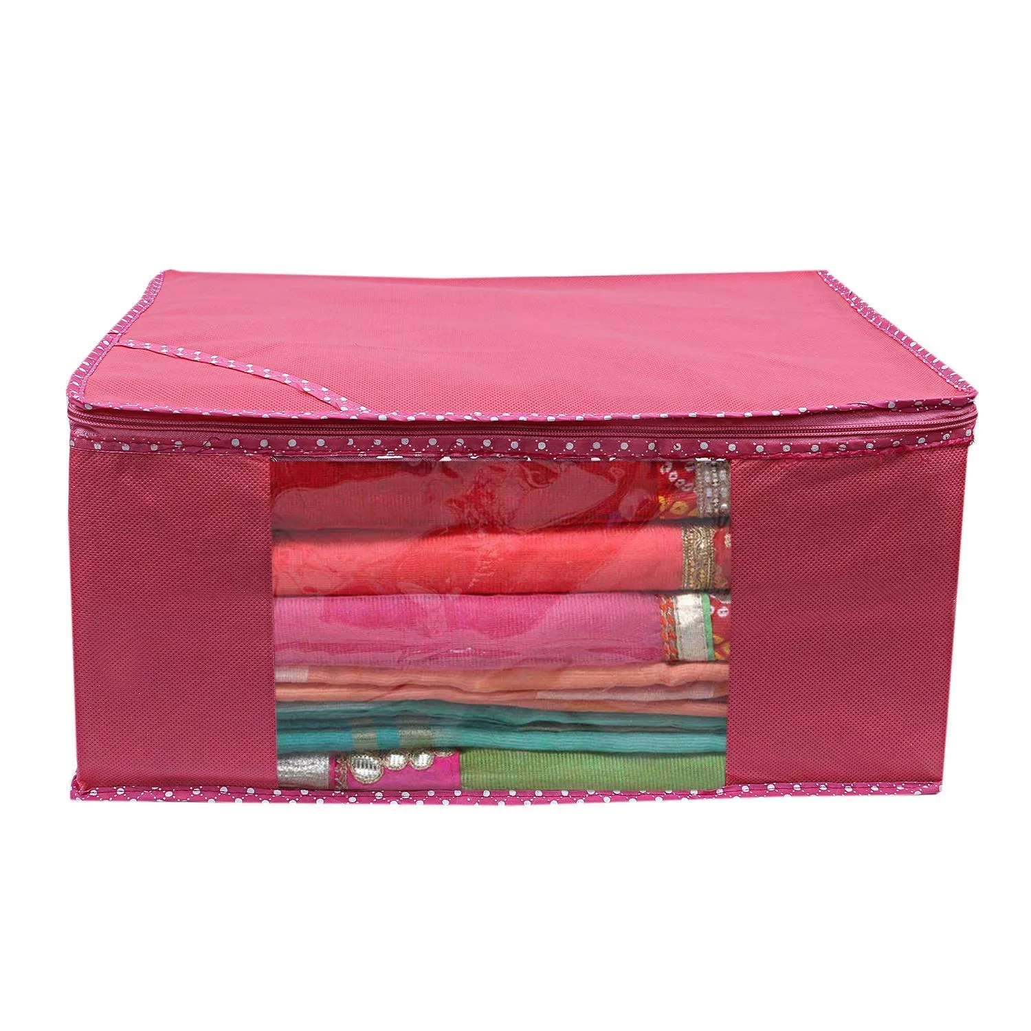 Kuber Industries Non Woven 2 Pieces Saree Cover/Cloth Wardrobe Organizer and 2 Pieces Blouse Cover Combo Set (Pink)