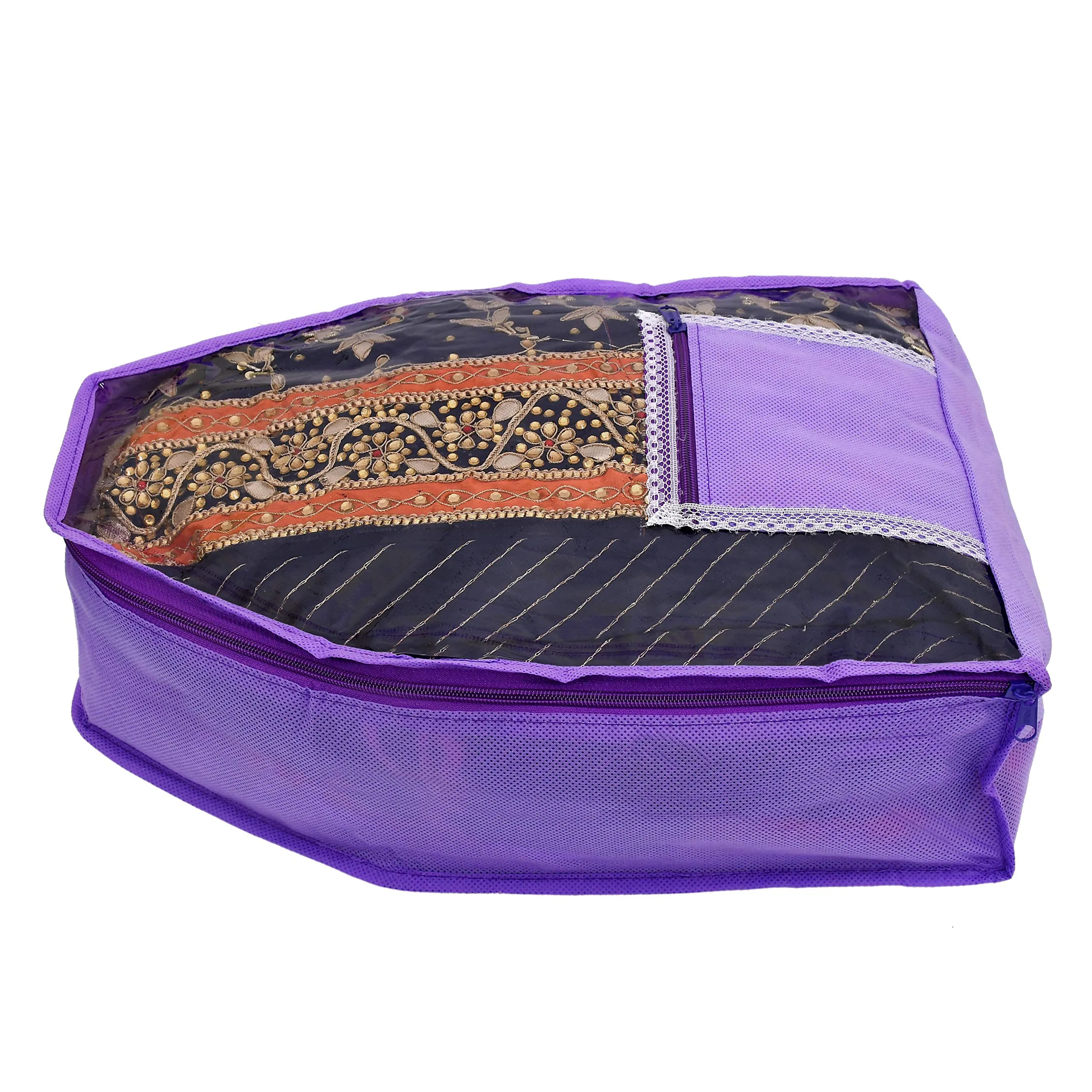 Kuber Industries Non Woven 2 Pieces Saree Cover/Cloth Wardrobe Organizer and 2 Pieces Blouse Cover Combo Set (Purple & Brown)