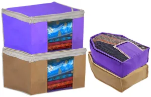 Kuber Industries Non Woven 2 Pieces Saree Cover/Cloth Wardrobe Organizer and 2 Pieces Blouse Cover Combo Set (Purple & Brown)