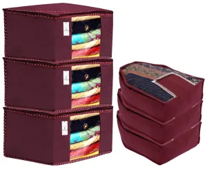 Kuber Industries Non Woven 3 Pieces Saree Cover/Cloth Wardrobe Organizer and 3 Pieces Blouse Cover Combo Set (Maroon)