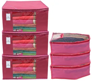 Kuber Industries Non Woven 3 Pieces Saree Cover/Cloth Wardrobe Organizer and 3 Pieces Blouse Cover Combo Set (Pink)