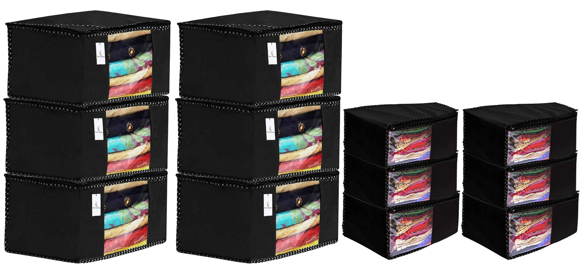 Kuber Industries Non Woven 6 Piece Saree Cover/Cloth Wardrobe Organizer and 6 Pieces Blouse Cover Combo Set (Black) -CTKTC038395