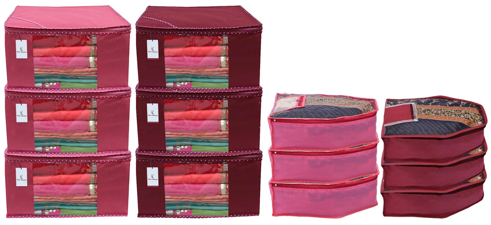 Kuber Industries Non Woven 6 Pieces Saree Cover/Cloth Wardrobe Organizer and 6 Pieces Blouse Cover Combo Set (Pink & Maroon) - CTKTC045396