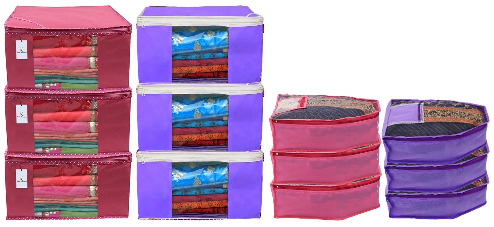 Kuber Industries Non Woven 6 Pieces Saree Cover/Cloth Wardrobe Organizer and 6 Pieces Blouse Cover Combo Set (Pink & Purple)