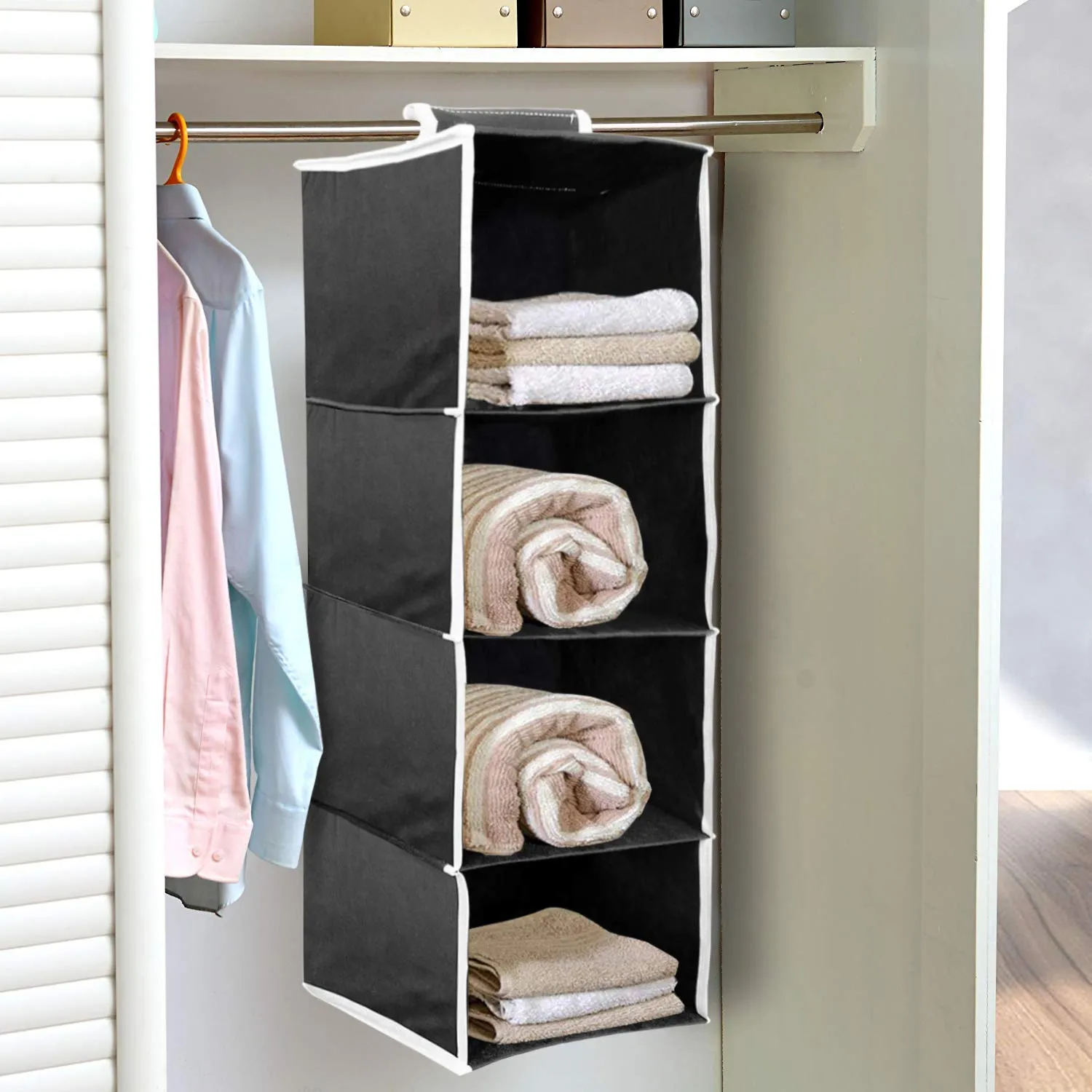 Kuber Industries Non Woven Hanging 4 Shelves Foldable Wardrobe/Closet Cloth Organizer (Grey & Black)-Pack of 2-KUBMART15336