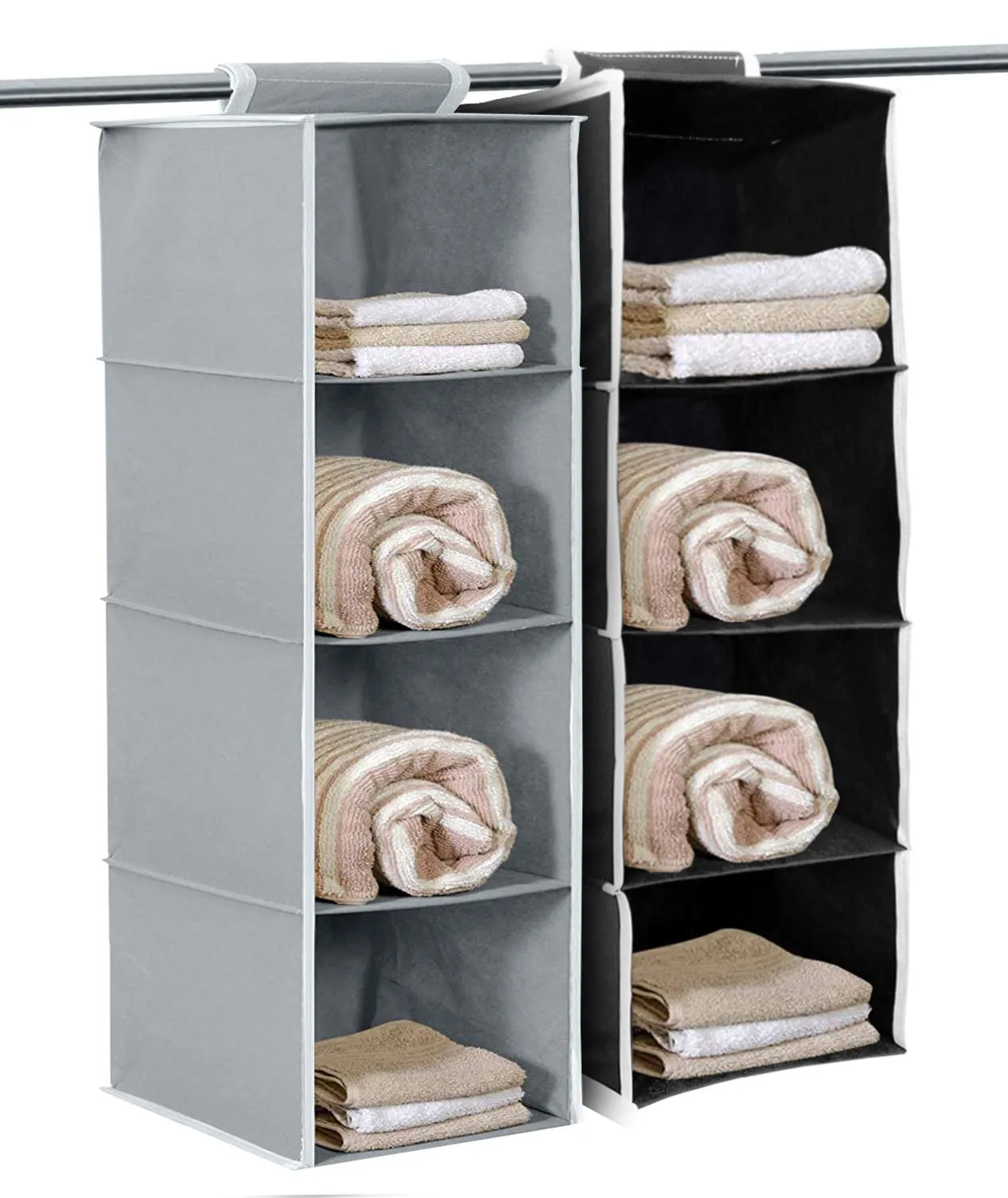 Kuber Industries Non Woven Hanging 4 Shelves Foldable Wardrobe/Closet Cloth Organizer (Grey & Black)-Pack of 2-KUBMART15336