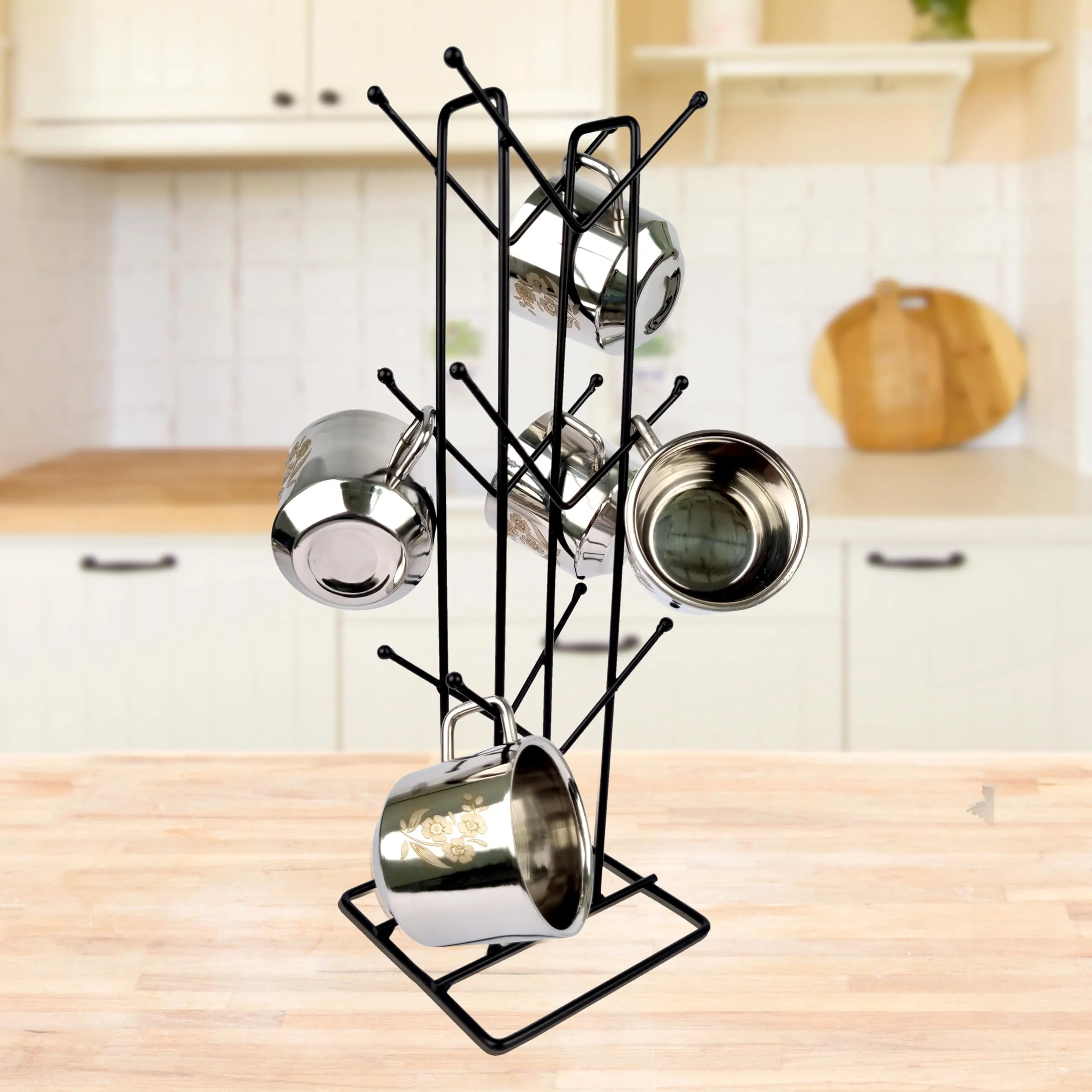 Kuber Industries Pack of 2 Kitchen Stand | Cup Stand for Kitchen | Coffee and Tea Mug Holder | Dinning Tabel Cup Stand for Kitchen | Organizer for Kitchen | 12 Hook Cup Stand Hanger | Black