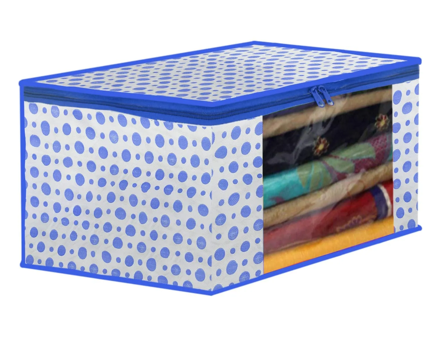 Kuber Industries Polka Dots Design Non Woven 3 Piece Saree Cover/Cloth Wardrobe Organizer and 3 Pieces Blouse Cover Combo Set (Blue) -CTKTC038427