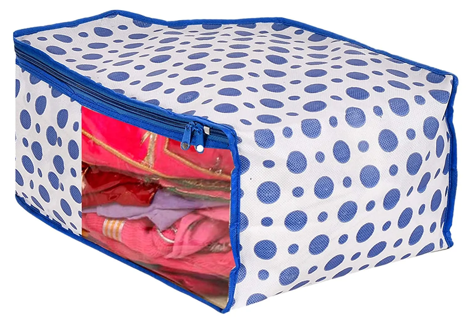 Kuber Industries Polka Dots Design Non Woven 3 Piece Saree Cover/Cloth Wardrobe Organizer and 3 Pieces Blouse Cover Combo Set (Blue) -CTKTC038427