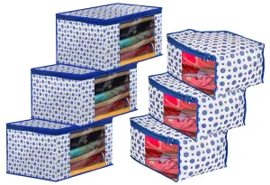 Kuber Industries Polka Dots Design Non Woven 3 Piece Saree Cover/Cloth Wardrobe Organizer and 3 Pieces Blouse Cover Combo Set (Blue) -CTKTC038427