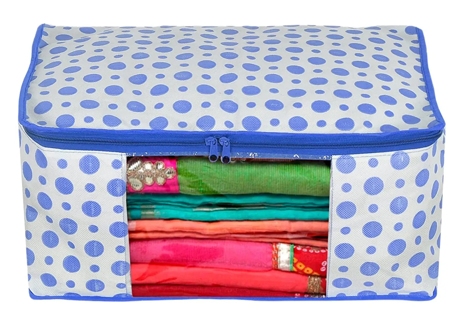 Kuber Industries Polka Dots Design Non Woven 3 Piece Saree Cover/Cloth Wardrobe Organizer and 3 Pieces Blouse Cover Combo Set (Blue) -CTKTC038427