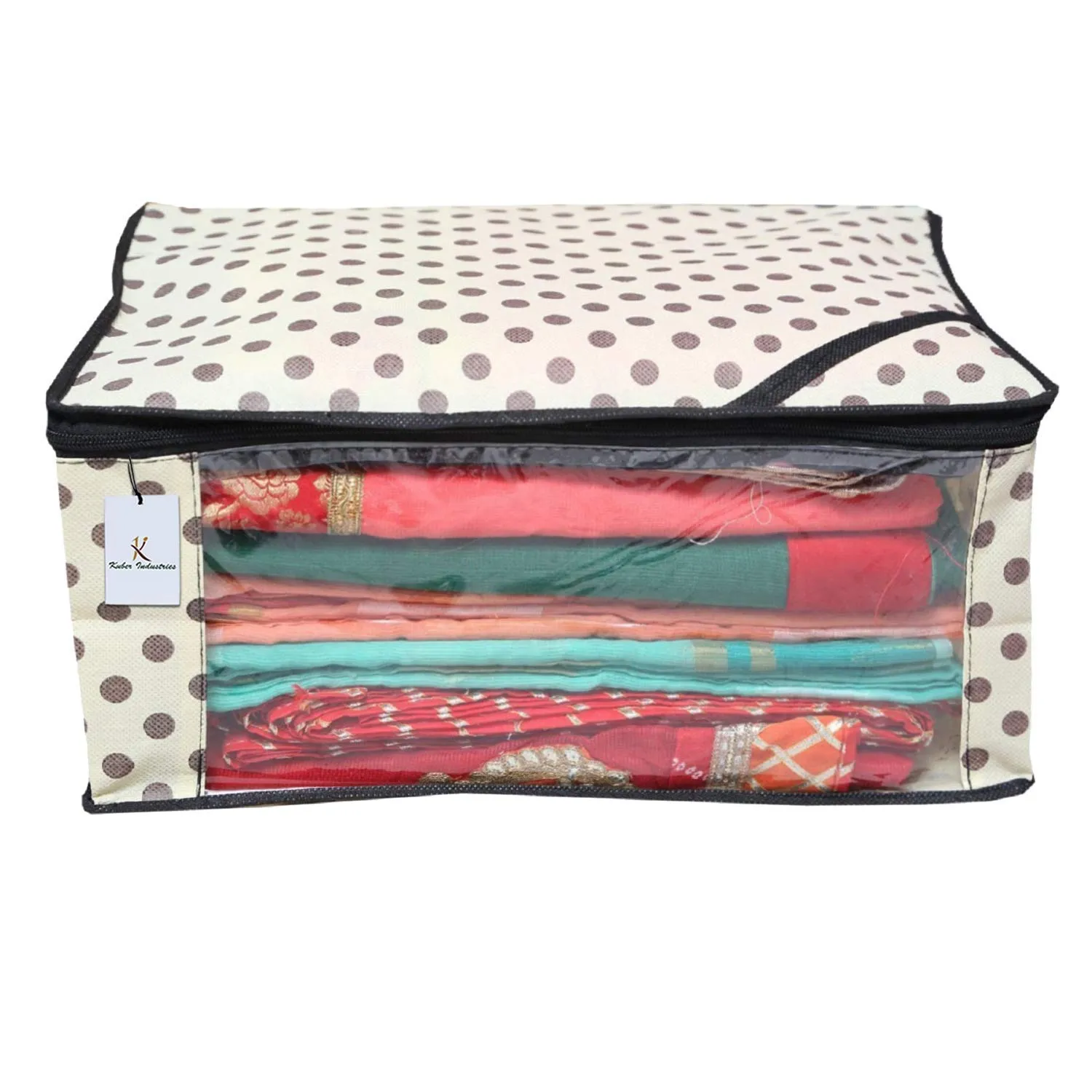 Kuber Industries Polka Dots Design Non Woven 3 Piece Saree Cover/Cloth Wardrobe Organizer and 3 Pieces Blouse Cover Combo Set (Ivory) -CTKTC038422