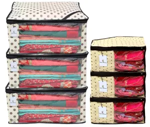 Kuber Industries Polka Dots Design Non Woven 3 Piece Saree Cover/Cloth Wardrobe Organizer and 3 Pieces Blouse Cover Combo Set (Ivory) -CTKTC038422