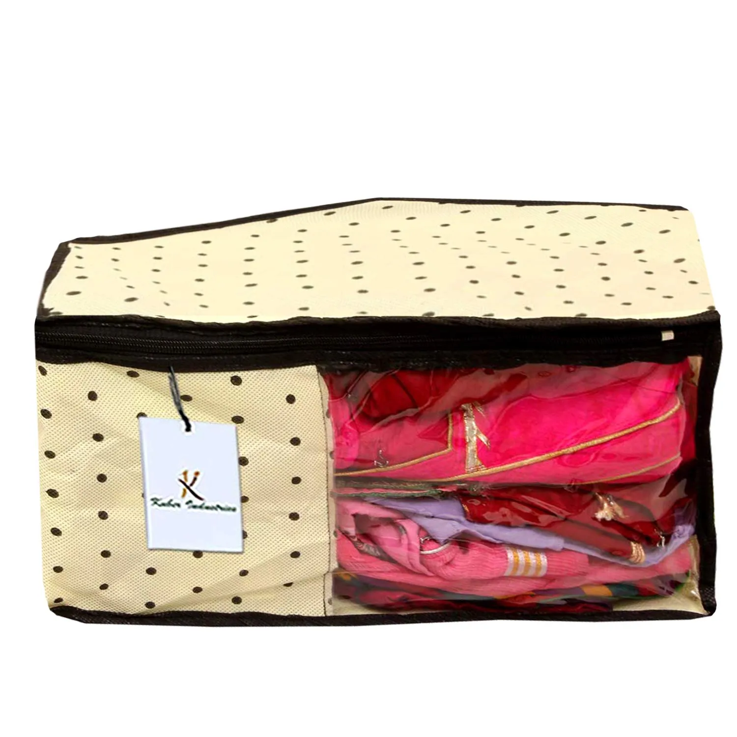 Kuber Industries Polka Dots Design Non Woven 3 Piece Saree Cover/Cloth Wardrobe Organizer and 3 Pieces Blouse Cover Combo Set (Ivory) -CTKTC038422