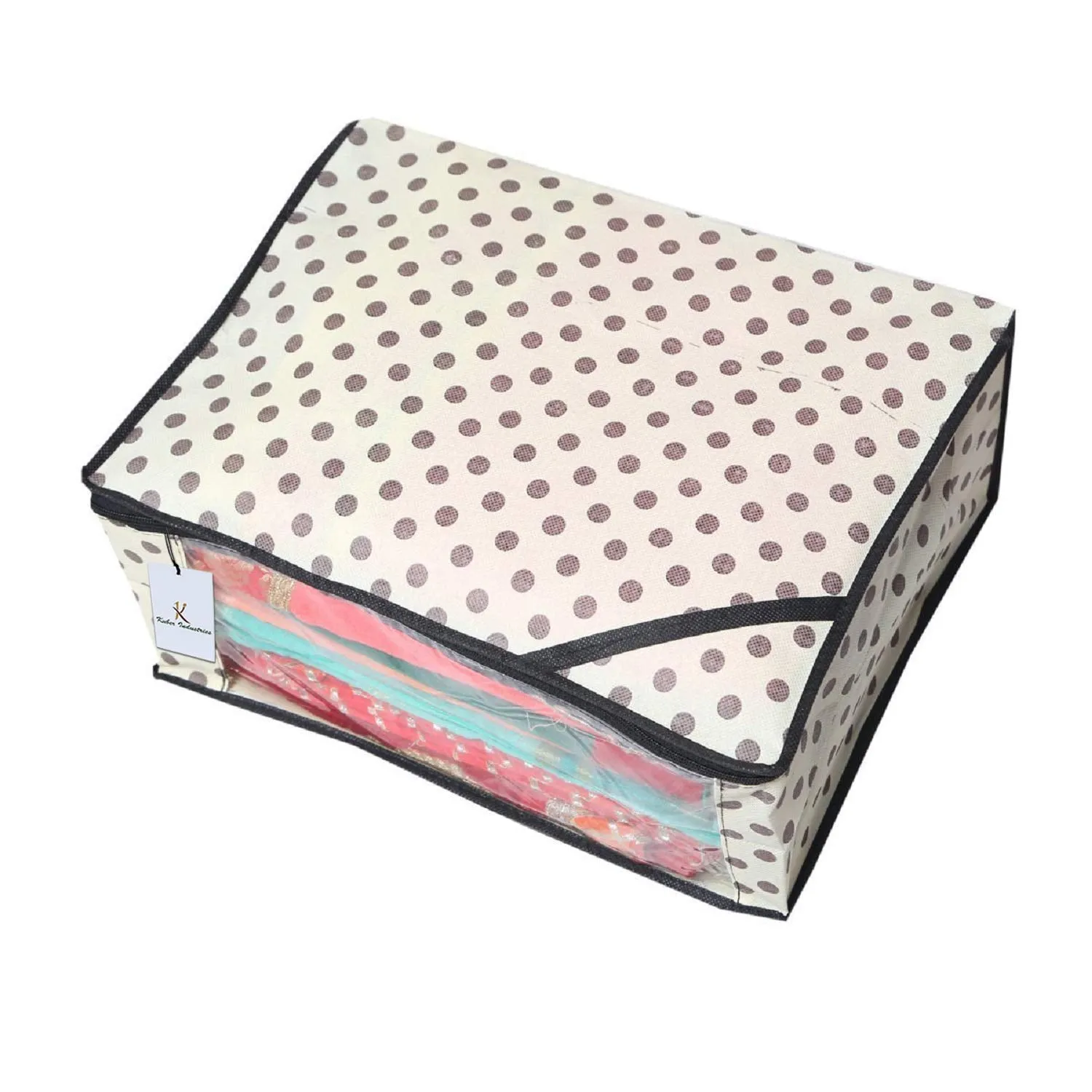 Kuber Industries Polka Dots Design Non Woven 3 Piece Saree Cover/Cloth Wardrobe Organizer and 3 Pieces Blouse Cover Combo Set (Ivory) -CTKTC038422