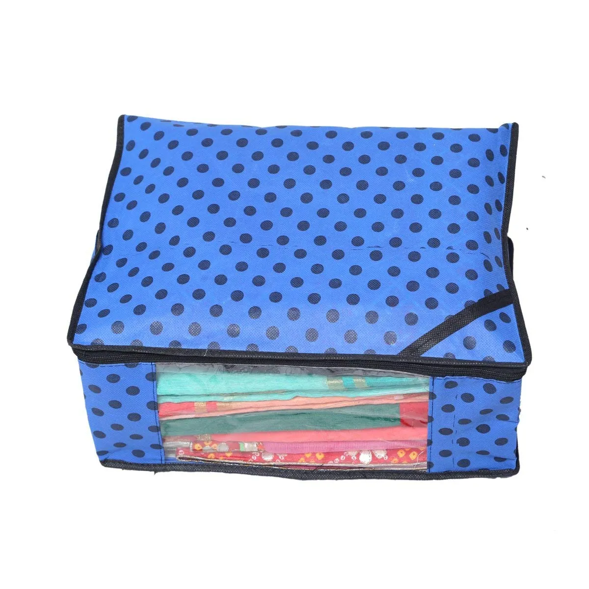 Kuber Industries Polka Dots Design Non Woven 4 Piece Saree Cover/Cloth Wardrobe Organizer and 4 Pieces Blouse Cover Combo Set (Blue) -CTKTC38430