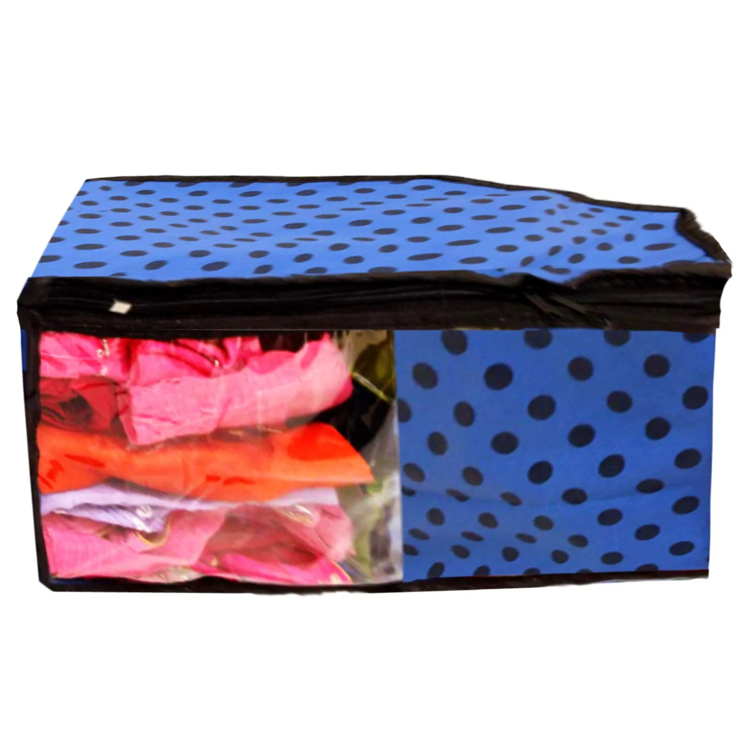 Kuber Industries Polka Dots Design Non Woven 4 Piece Saree Cover/Cloth Wardrobe Organizer and 4 Pieces Blouse Cover Combo Set (Blue) -CTKTC38430