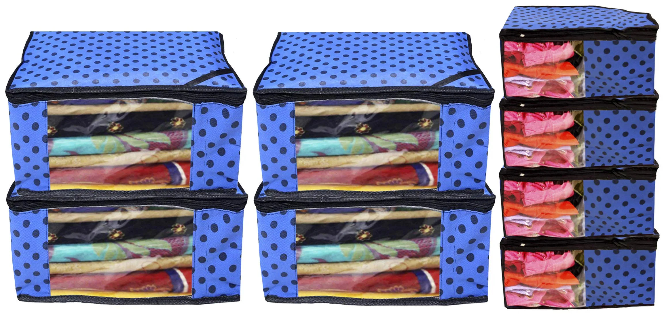 Kuber Industries Polka Dots Design Non Woven 4 Piece Saree Cover/Cloth Wardrobe Organizer and 4 Pieces Blouse Cover Combo Set (Blue) -CTKTC38430