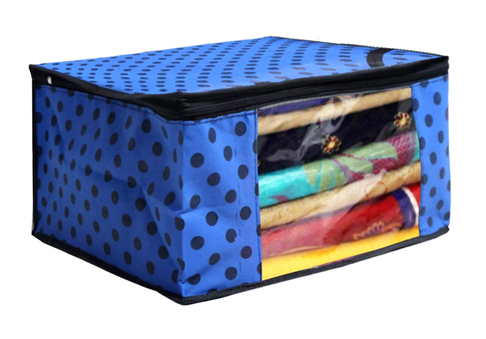 Kuber Industries Polka Dots Design Non Woven 4 Piece Saree Cover/Cloth Wardrobe Organizer and 4 Pieces Blouse Cover Combo Set (Blue) -CTKTC38430