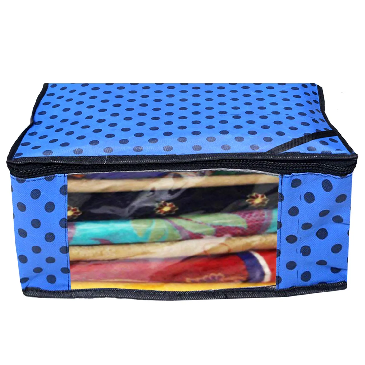 Kuber Industries Polka Dots Design Non Woven 4 Piece Saree Cover/Cloth Wardrobe Organizer and 4 Pieces Blouse Cover Combo Set (Blue) -CTKTC38430