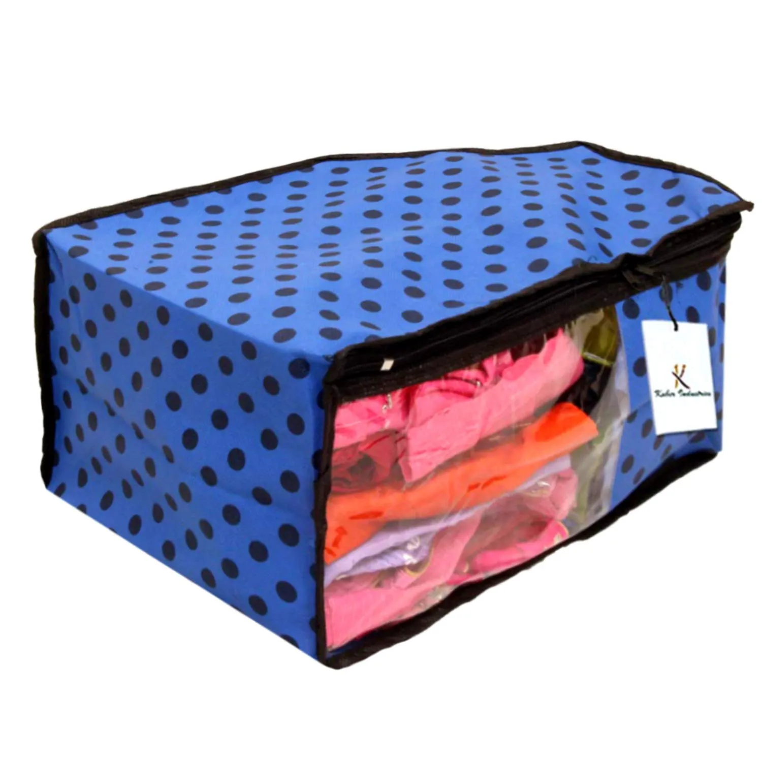 Kuber Industries Polka Dots Design Non Woven 4 Piece Saree Cover/Cloth Wardrobe Organizer and 4 Pieces Blouse Cover Combo Set (Blue) -CTKTC38430