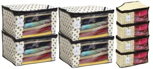 Kuber Industries Polka Dots Design Non Woven 4 Piece Saree Cover/Cloth Wardrobe Organizer and 4 Pieces Blouse Cover Combo Set (Ivory) -CTKTC038424