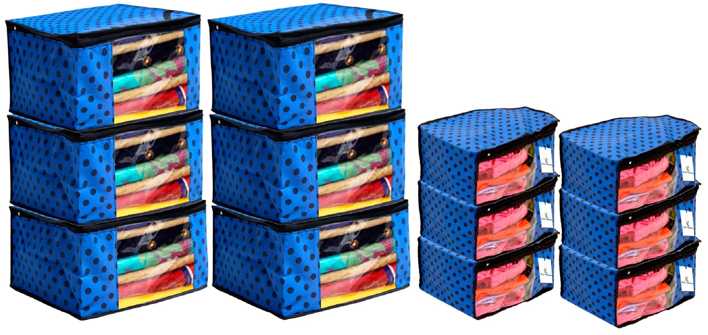 Kuber Industries Polka Dots Design Non Woven 6 Piece Saree Cover/Cloth Wardrobe Organizer and 6 Pieces Blouse Cover Combo Set (Blue) - CTKTC038432