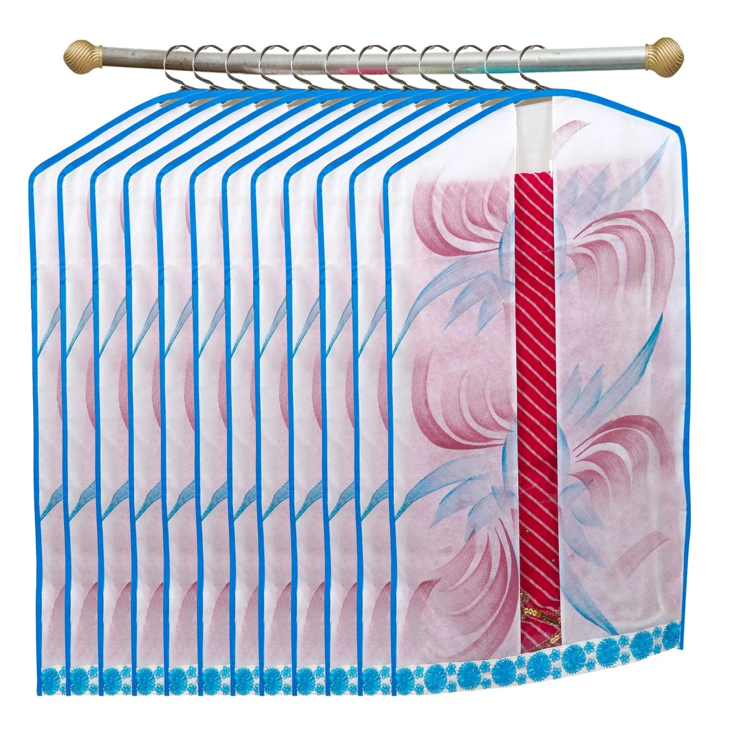 Kuber Industries Printed 12 Piece Non Woven Hanging Embroidered Saree Cover Wardrobe Organiser (Blue) - CTKTC23150