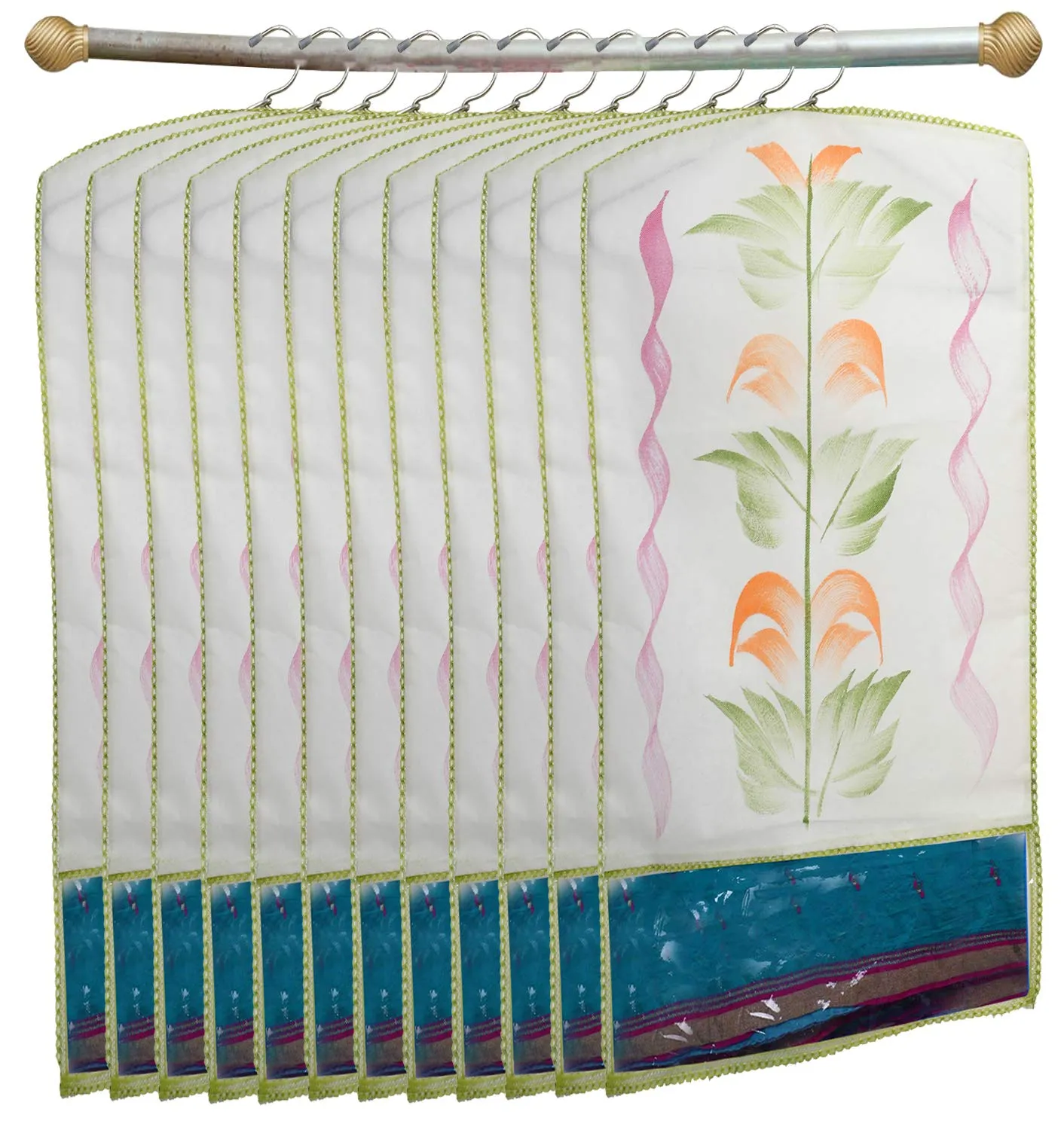 Kuber Industries Printed 12 Piece Non Woven Hanging Saree Cover Wardrobe Organiser (Green) -CTKTC038925