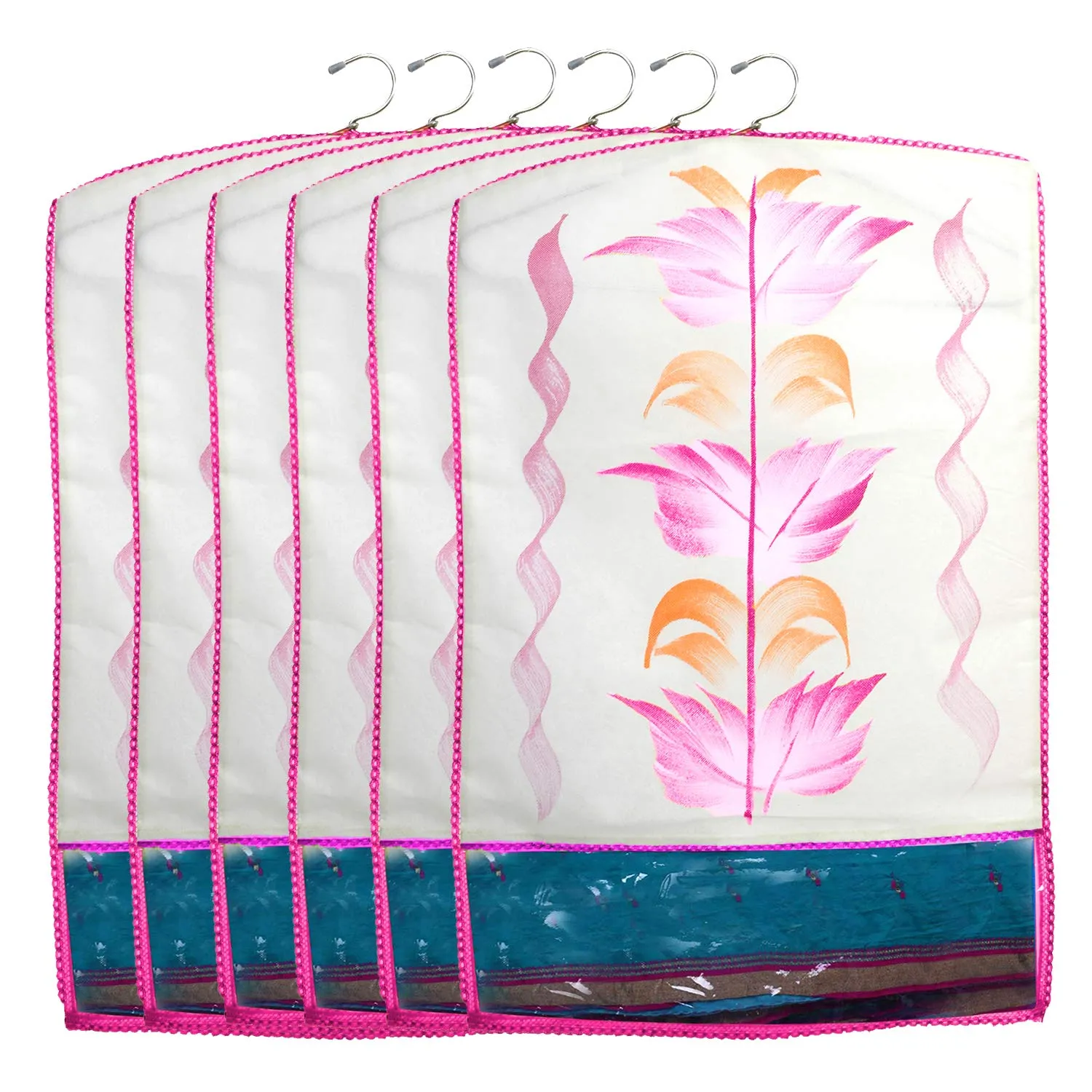 Kuber Industries Printed 6 Piece Non Woven Hanging Saree Cover Wardrobe Organiser (Pink) -CTKTC038929