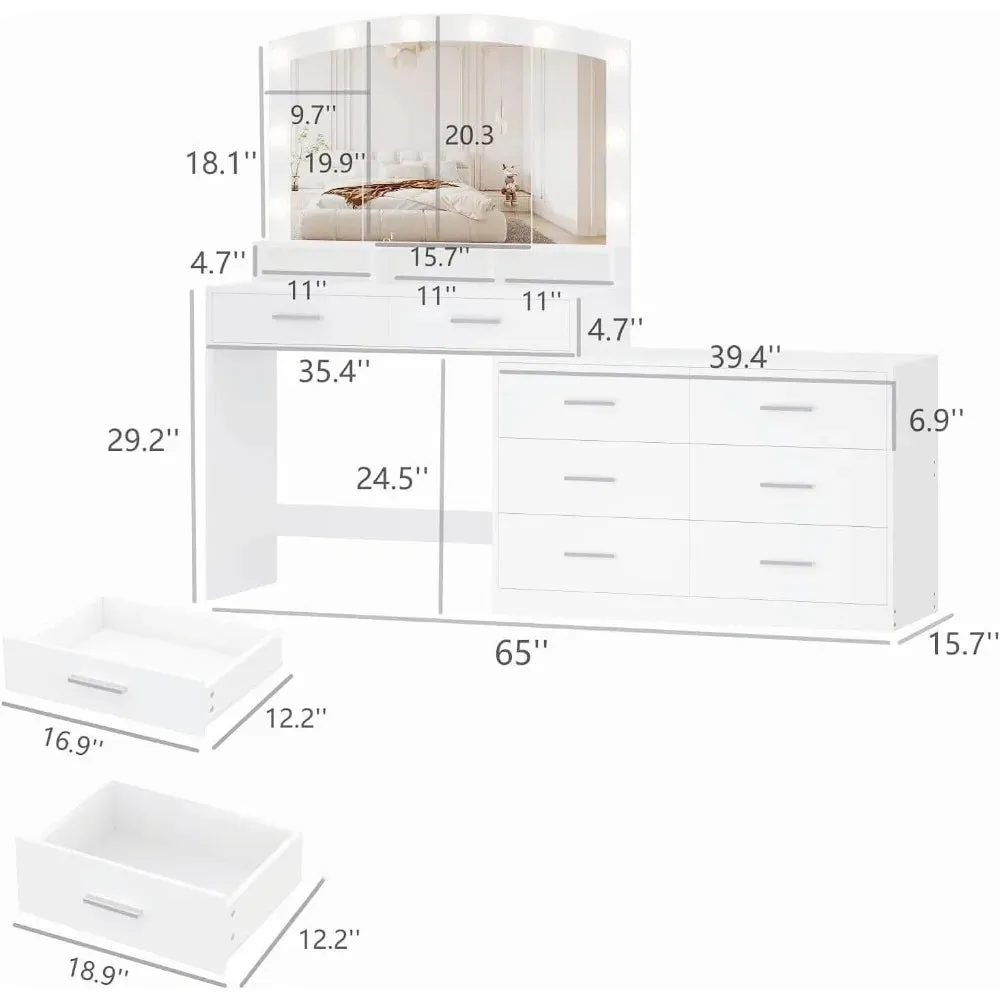 Large Makeup Vanity Desk with Hollywood Mirror and 8 Drawers