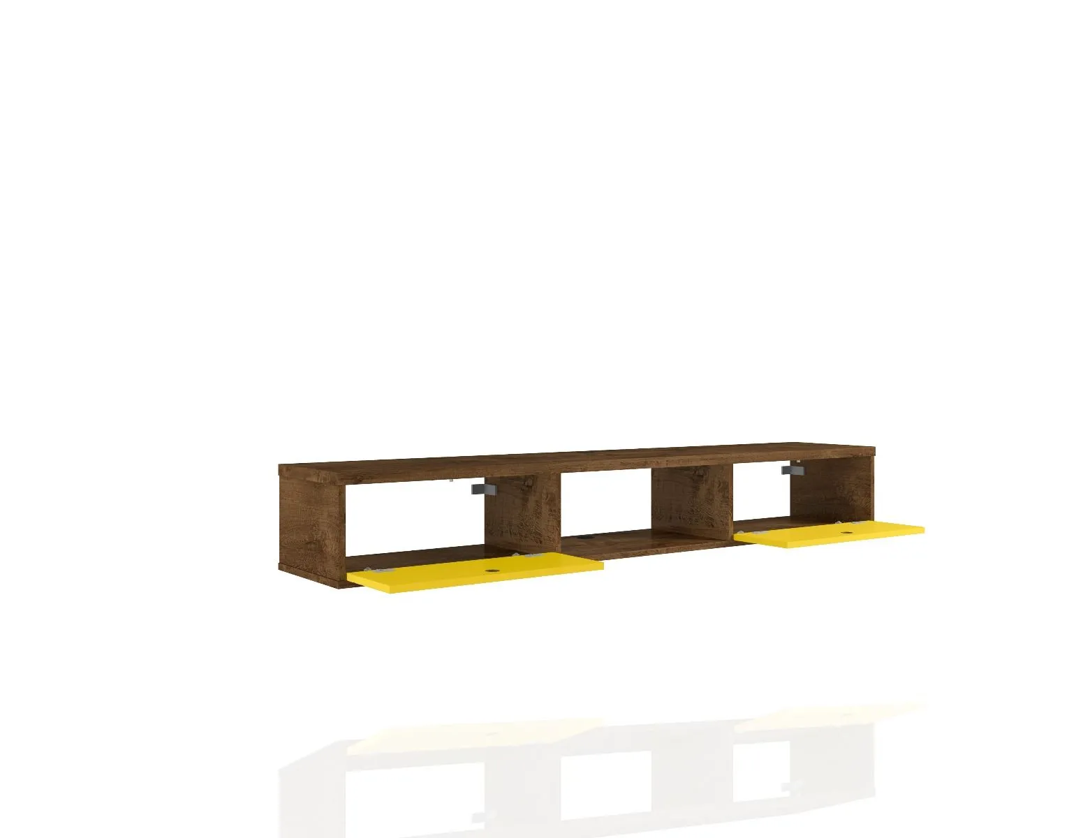 Liberty 62.99 Mid-Century Modern Floating Entertainment Center with 3 Shelves in Rustic Brown and Yellow