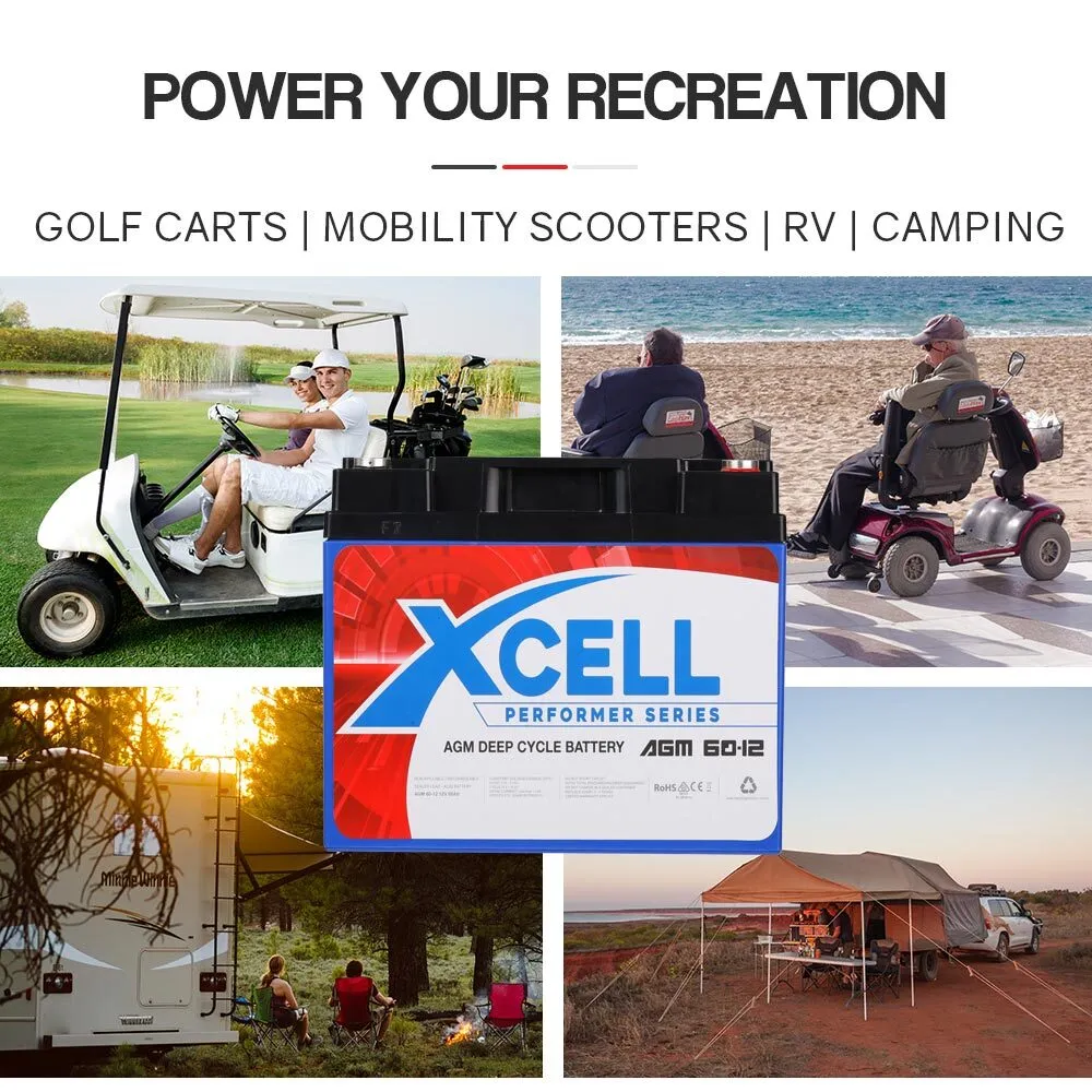 Maintenance-Free 12V 60Ah AGM Deep Cycle Battery for Mobility, Golf & Camping by X-Cell