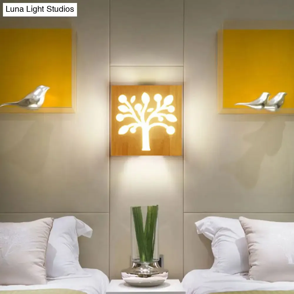 Modern Art Deco LED Wall Sconce - Square Flush Mount Wooden Corridor Light Fixture