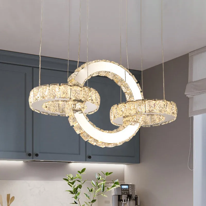 Modern Crystal Block-Design Pendant LED Chandelier with Chrome Finish