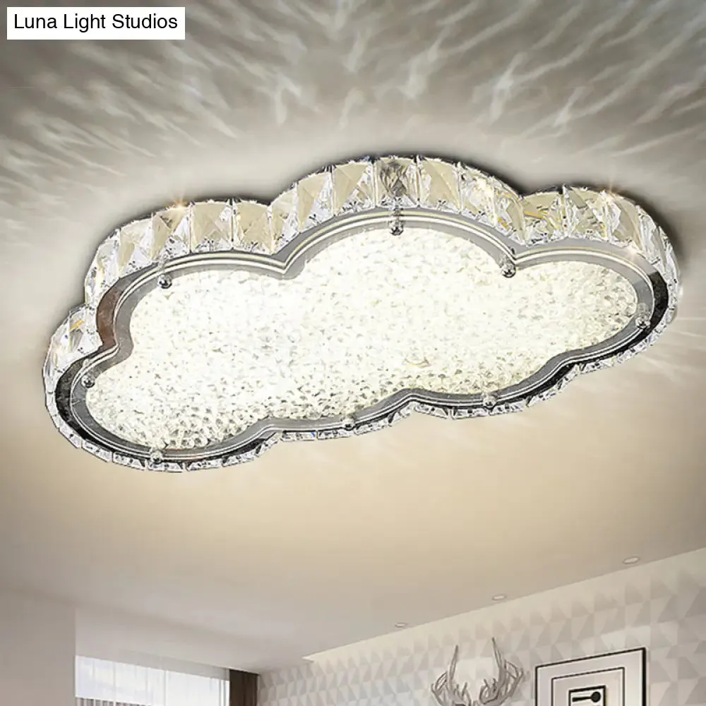 Modernist Crystal Block Cloud Ceiling Fixture Stainless-Steel LED Flush Mount - Warm/White Light, 19.5"/25.5" Width