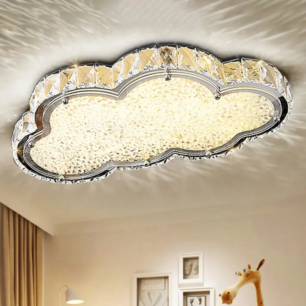 Modernist Crystal Block Cloud Ceiling Fixture Stainless-Steel LED Flush Mount - Warm/White Light, 19.5"/25.5" Width