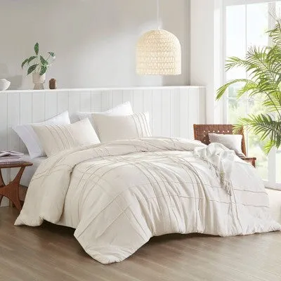 Open Box - Full/Queen Porter Soft Washed Durable Pleated Comforter Set Neutral