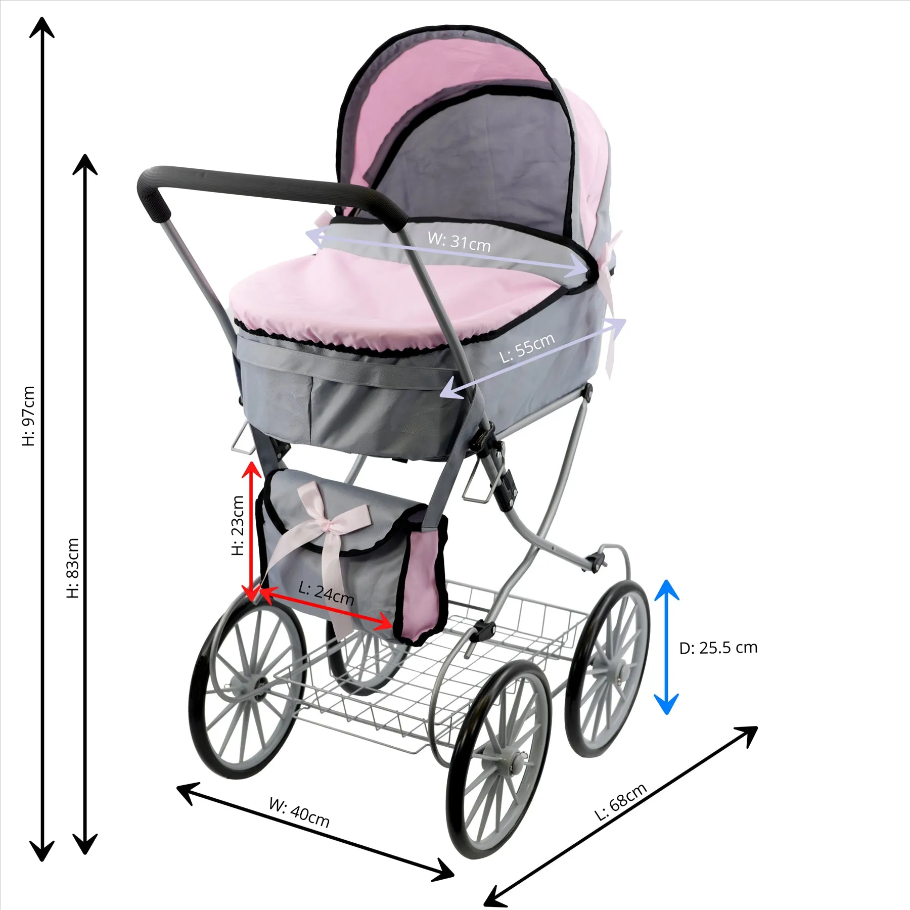 Pink and Grey Vintage Cambridge Doll Pram