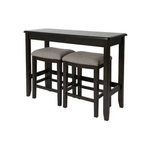 Rectangular Espresso Finish Sofa table with Two Bar Stools