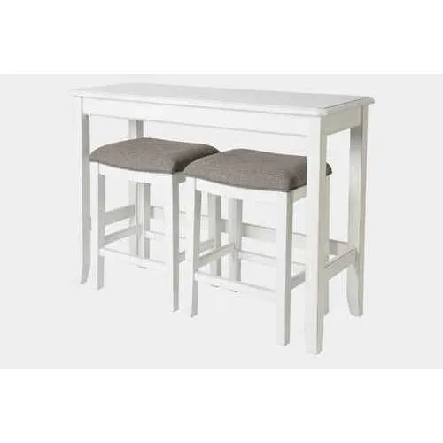 Rectangular White Finish Sofa table with Two Bar Stools