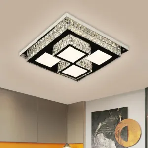 Simplicity LED Flush Mount Nickel Ceiling Light with Crystal Block Shade