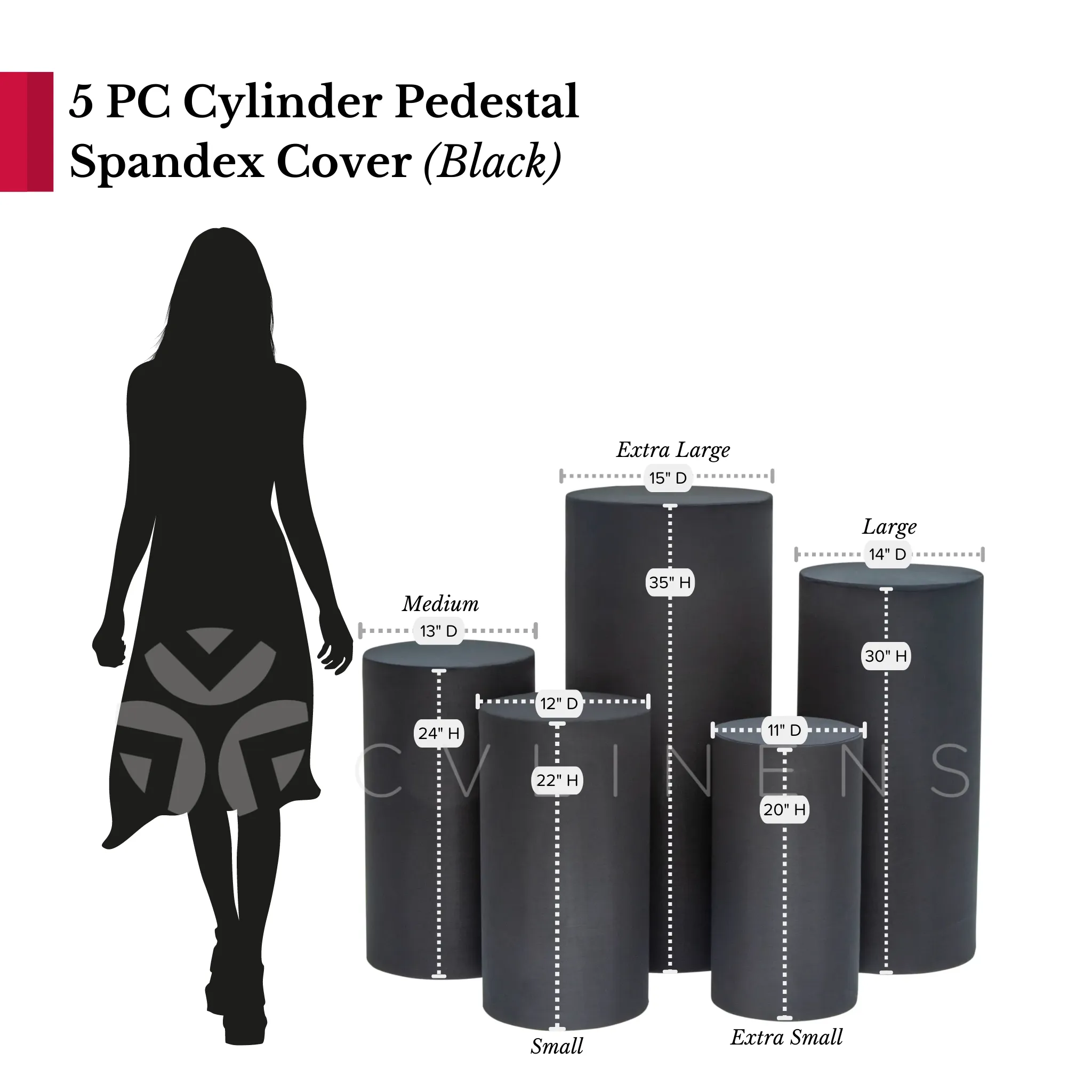 Spandex Pillar Covers for Metal Cylinder Pedestal Stands 5 pcs/set - Black