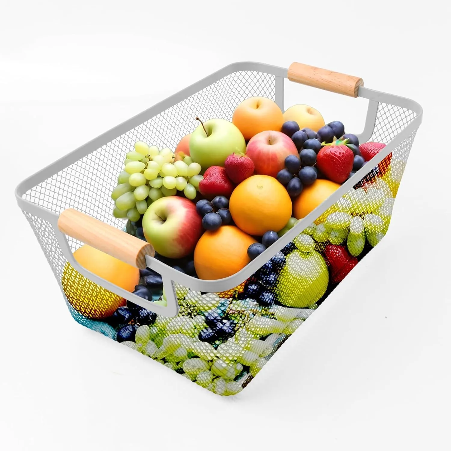 The Better Home White Metal Mesh Basket for Storage With Wooden Handle | 360gm | Fruit basket | Storage Baskets for Organizing Home | Multipurpose Storage Organizer